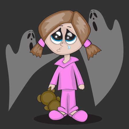 a little cartoon girl is crying r in darknessのイラスト素材