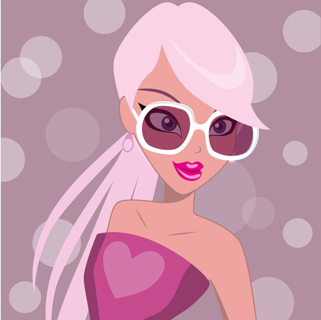 cartoon girl with glasses on a pink backgroundのイラスト素材