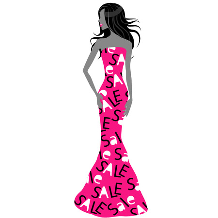 silhouette of woman in a pink dress isolated on a white backgroundのイラスト素材