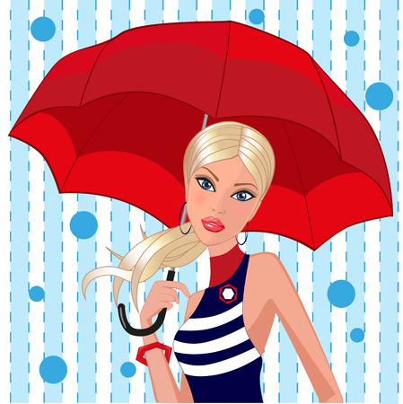 Beautiful girl is holding a red umbrella in her handのイラスト素材