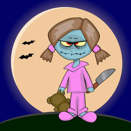 Zombie girl holding a teddy and a knifeのイラスト素材