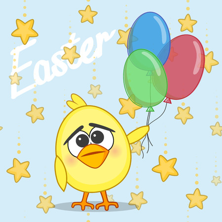 Cute chicken with balloons on a stars backgroundのイラスト素材