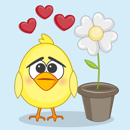 Cute chicken and flower on a blue backgroundのイラスト素材