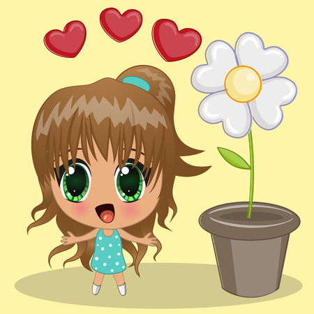Cute anime girl with hearts and flowerのイラスト素材