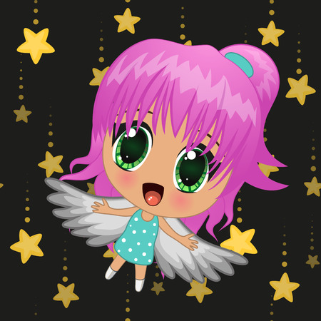 Cute anime girl with wings on a stars backgroundのイラスト素材