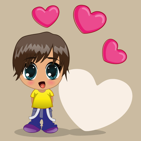 Cute anime boy with heartsのイラスト素材