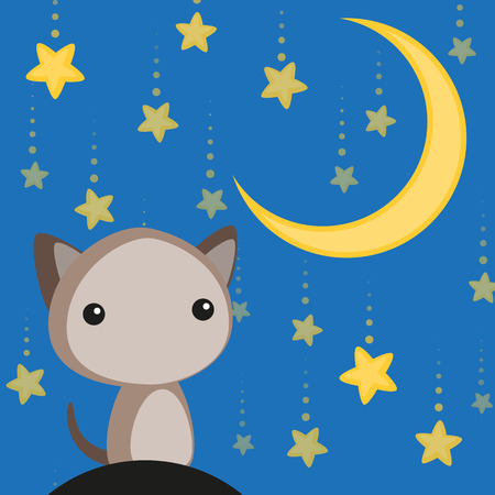 Cute cat sitting under the moonのイラスト素材