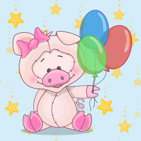 Greeting card Pig with baloonsのイラスト素材