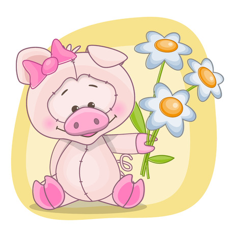 Greeting card Pig with flowersのイラスト素材