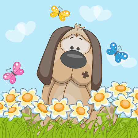Dog with flowers and butterfliesのイラスト素材