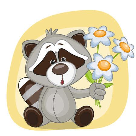 Greeting card Raccoon with flowersのイラスト素材