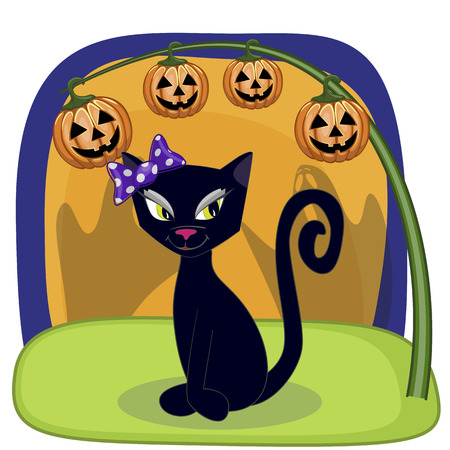 Halloween illustration of Cartoon Black cat with pumpkinのイラスト素材