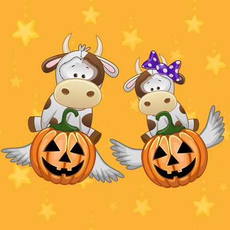 Halloween illustration two Cartoon Cows with pumpkins
のイラスト素材