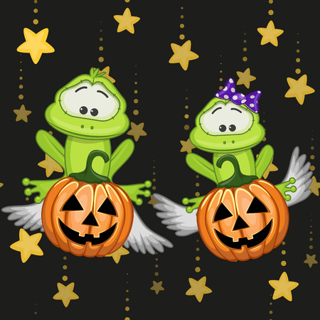 Halloween illustration two Cartoon Frogs with pumpkins
のイラスト素材