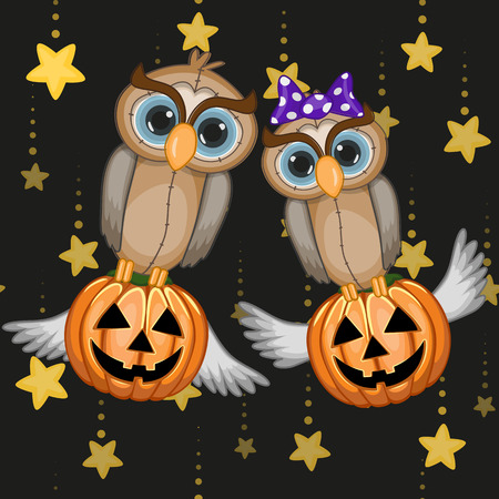 Halloween illustration two Cartoon Owls with pumpkinsのイラスト素材