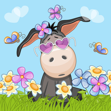 Donkey with flowers and butterfliesのイラスト素材