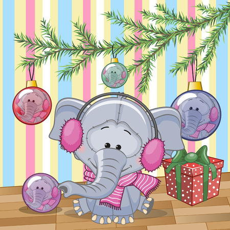 Cute Elephant under the Christmas treeのイラスト素材