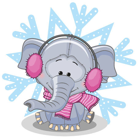 Elephant in a fur headphones on the backgroun of snowflakeのイラスト素材