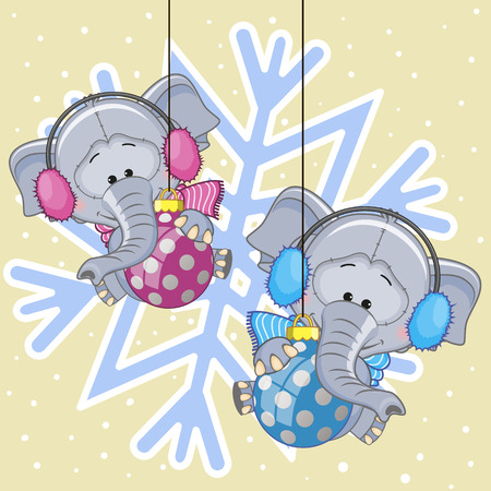 Two Elephants in a fur headphones on the backgroun of snowflakeのイラスト素材