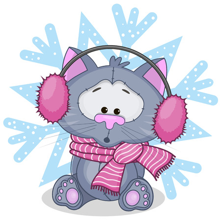 Cat in a fur headphones on the background of snowflakeのイラスト素材
