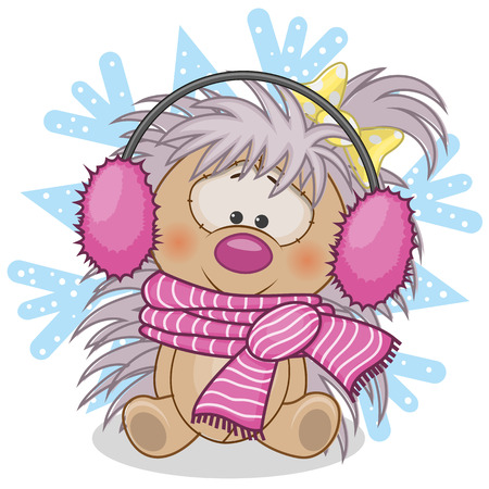 Hedgehog in a fur headphones on the background of snowflakeのイラスト素材