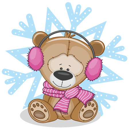 Teddy Bear in a fur headphones on the backgroun of snowflakeのイラスト素材