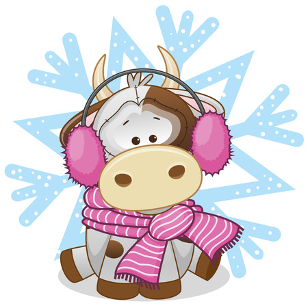 Cow in a fur headphones on the background of snowflakeのイラスト素材