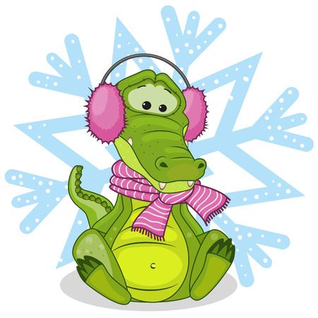 Crocodile in a fur headphones on the background of snowflakeのイラスト素材
