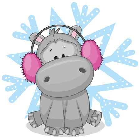 Hippo in a fur headphones on the background of snowflakeのイラスト素材