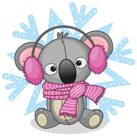 Koala in a fur headphones on the background of snowflakeのイラスト素材
