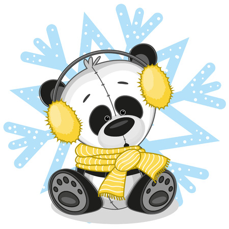 Panda in a fur headphones on the background of snowflakeのイラスト素材