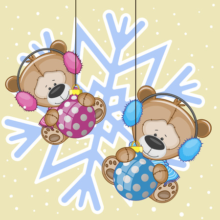 Two Teddy Bears in a fur headphones on the backgroun of snowflakeのイラスト素材