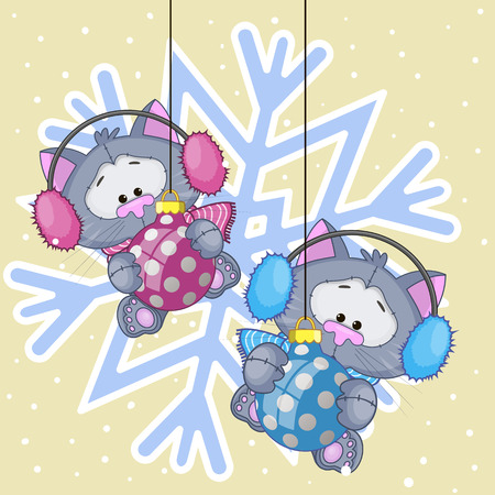 Two Cats in a fur headphones on the background of snowflakeのイラスト素材