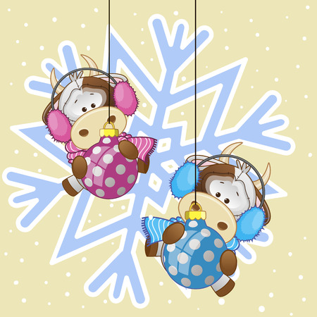 Two Cows in a fur headphones on the background of snowflakeのイラスト素材