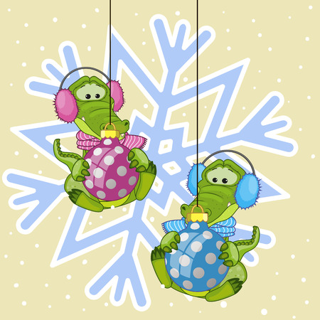 Two Crocodiles in a fur headphones on the background of snowflakeのイラスト素材