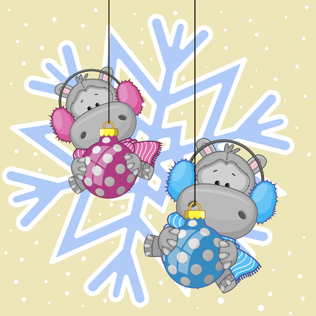 Two Hippos in a fur headphones on the background of snowflakeのイラスト素材