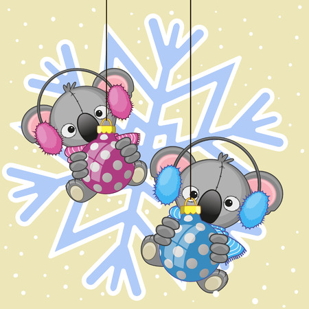 Two Koalas in a fur headphones on the background of snowflakeのイラスト素材