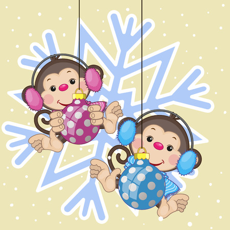 Two Monkeys in a fur headphones on the background of snowflakeのイラスト素材