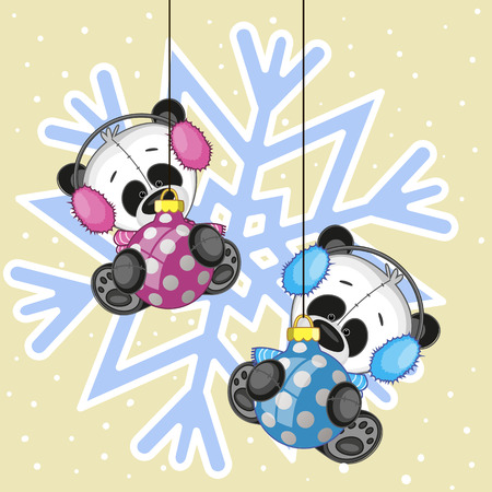 Two Pandas in a fur headphones on the background of snowflakeのイラスト素材