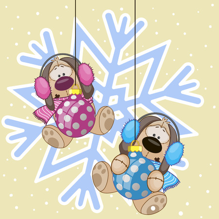 Two Dogs in a fur headphones on the background of snowflakeのイラスト素材