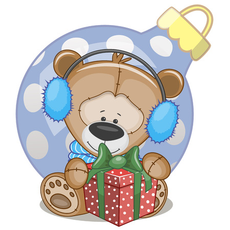 Teddy Bear in a fur headphones with giftのイラスト素材