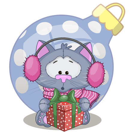 Cat in a fur headphones with giftのイラスト素材