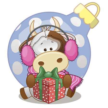 Cow in a fur headphones with giftのイラスト素材