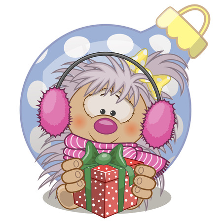 Hedgehog in a fur headphones with giftのイラスト素材