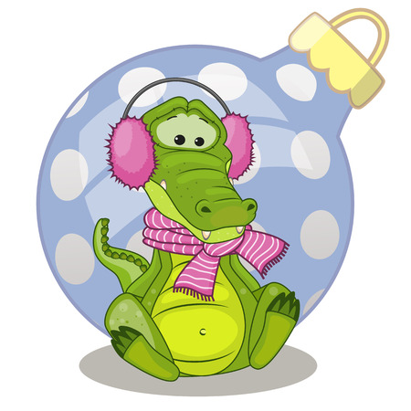 Crocodile in a fur headphones with giftのイラスト素材