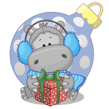 Hippo in a fur headphones with giftのイラスト素材