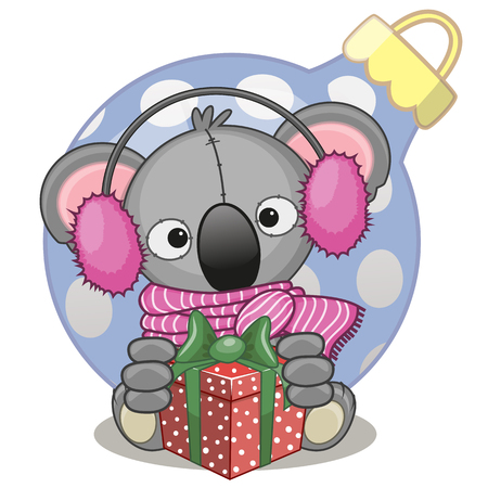 Koala in a fur headphones with giftのイラスト素材