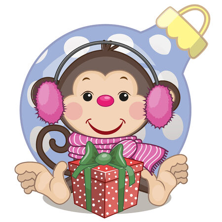 Monkey in a fur headphones with giftのイラスト素材