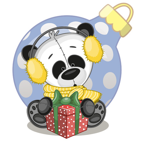 Panda in a fur headphones with giftのイラスト素材