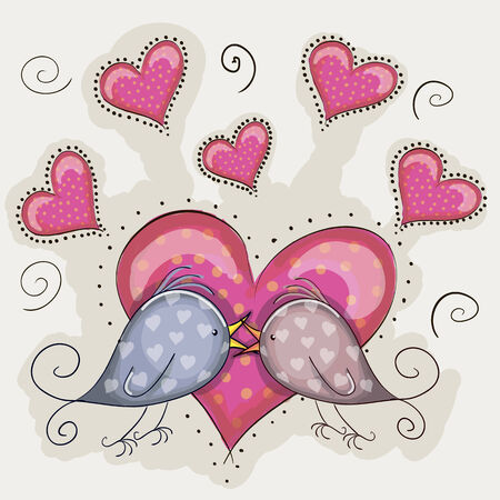 Two cute birds with heartsのイラスト素材